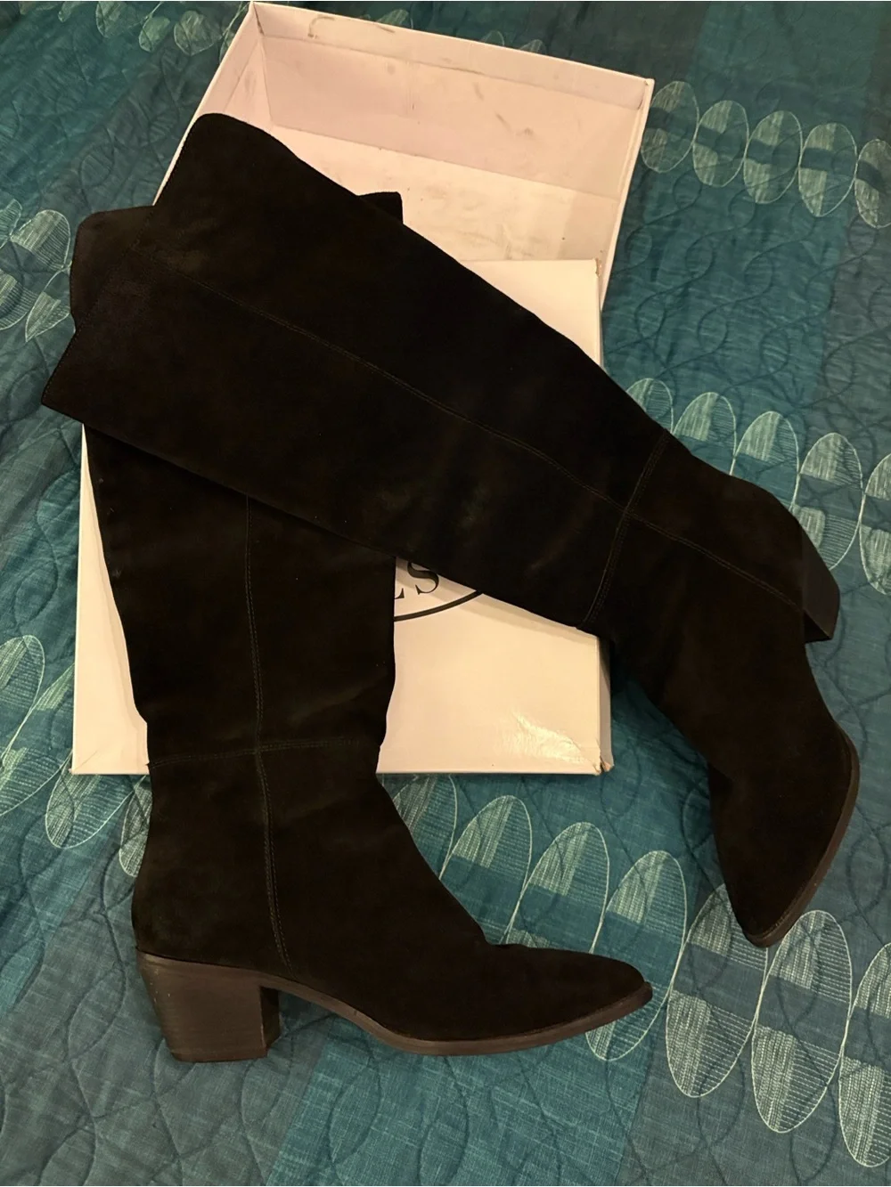 Black suede boots. Nothing more. Nothing less. Over the knee.
